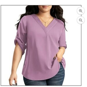 BloomChic Plus Size XL V Neck Plain Pleated Tab Sleeve Blouse us14-16